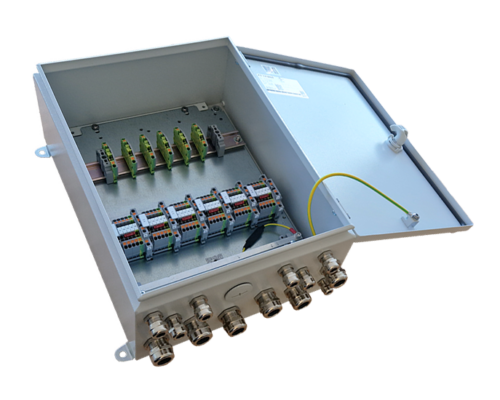 Junction Box Unit (JBU) – Industrial sensor wiring enclosure Open Junction Box Unit showing DIN-rail terminal blocks and cable glands for industrial sensor wiring and signal routing