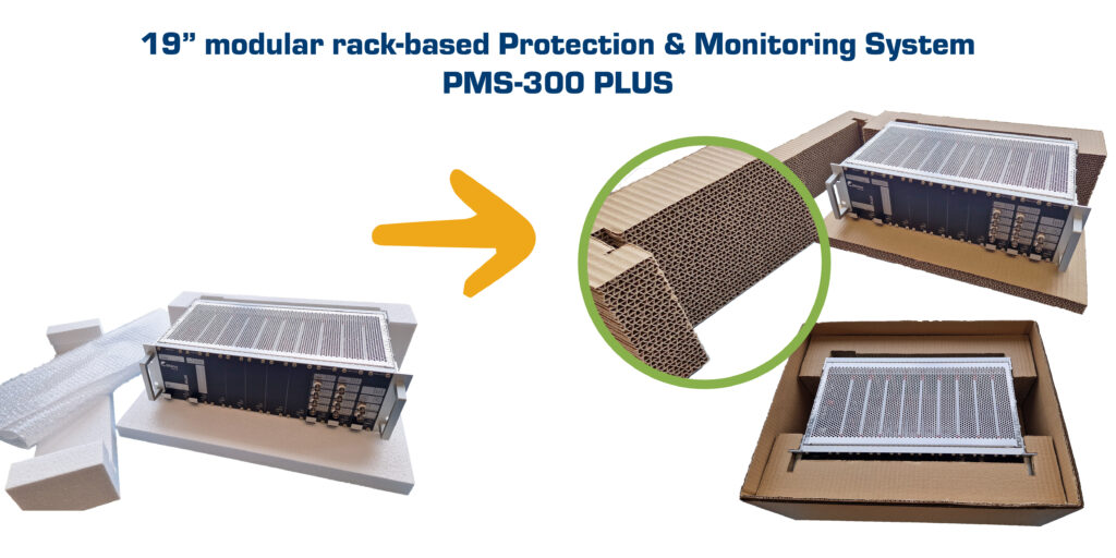 LinkedIn_eco Before and after image of PMS-300P monitoring system showing transition from polystyrene foam to honeycomb cardboard packaging.