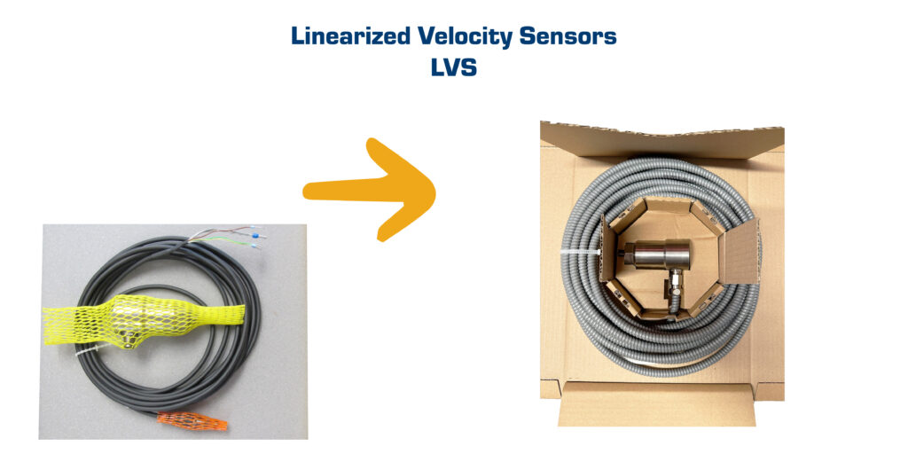 LVS_packaging Before and after image showing the LVS sensor packaging transition from plastic mesh wrap to custom-made cardboard insert.