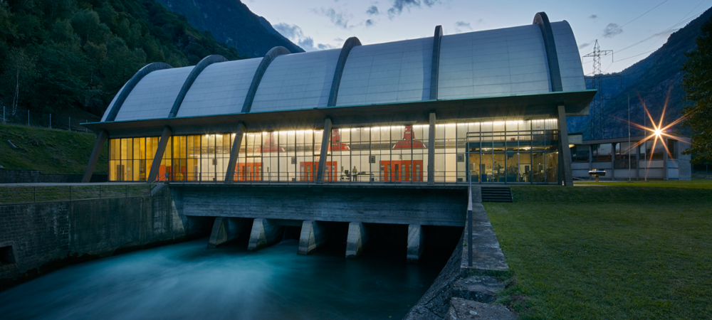 Nuova Biaschina HPP Nuova Biaschina Hydro Power Plant at dusk, showcasing its modernized infrastructure and sustainable energy production in Ticino, Switzerland.