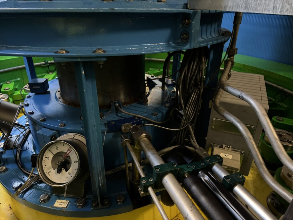 hydro-turbine-modernization-nuova-biaschina. Close-up view of a modernized hydro turbine at Nuova Biaschina Hydro Power Plant, showcasing advanced monitoring systems and instrumentation.